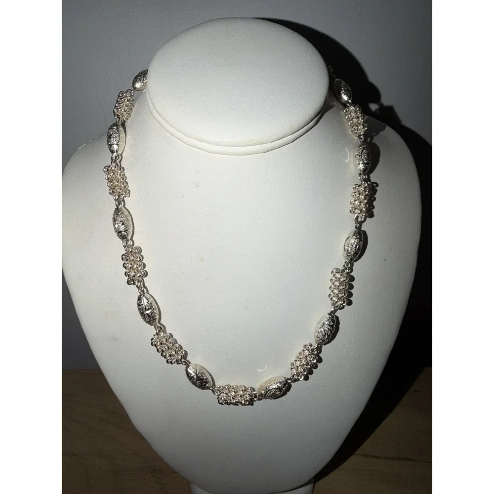 Vintage Sterling Silver 925 Filigree Bead Choker Necklace Lobster Clasp